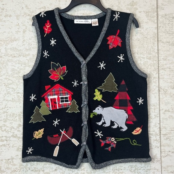 Rustic Holiday Sweater Vest Medium Cabin Christmas Outdoors Lodge Victoria Jones - Picture 1 of 16